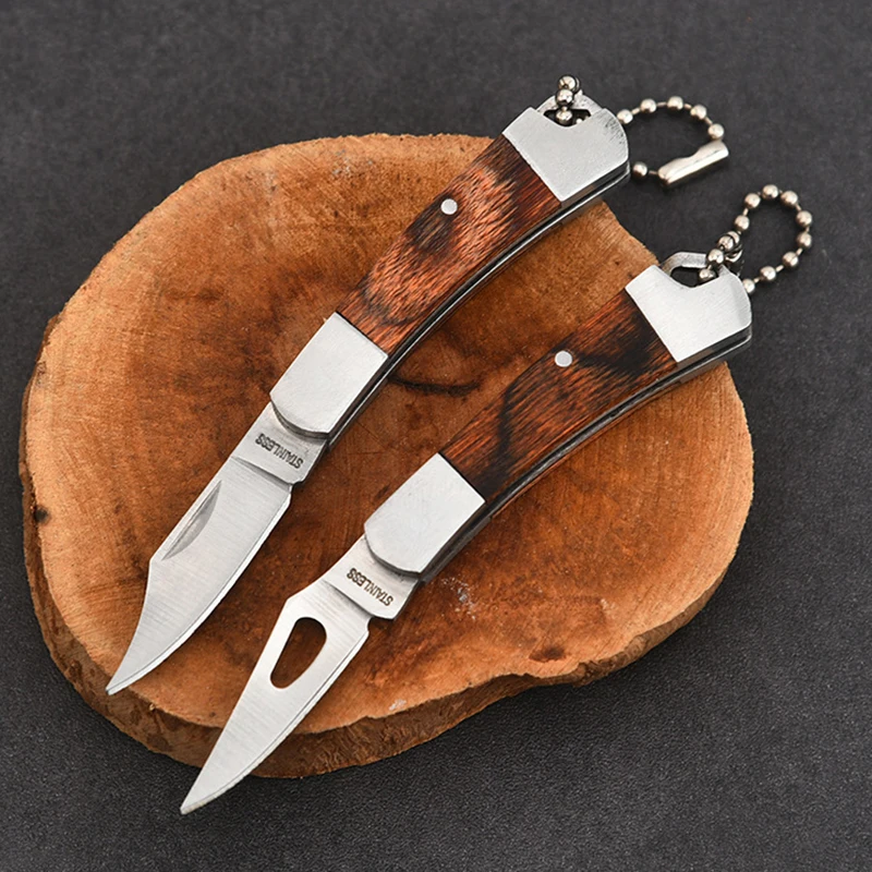 Mini couteau pliant tranchant en acier inoxydable, manche en bois, camping en plein air, porte-clés de poche à fruits portable, outils à main EDC pour la survie