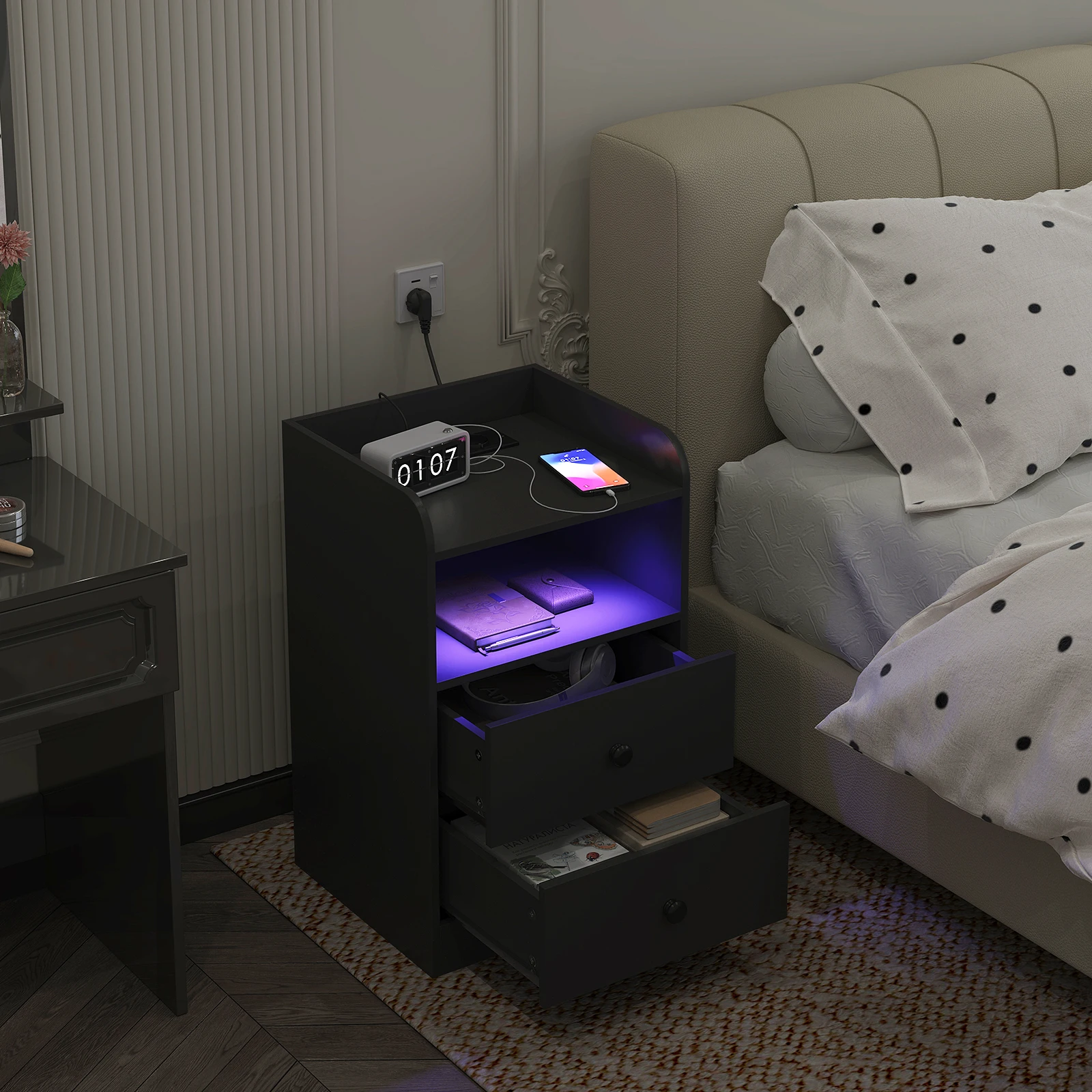 WOLTU Nachttisch, Nachttisch mit Ladestation, USB-Steckdosen, Anschlüsse, Beistelltisch mit LED-Licht, Bettüberzugs-Tisch, Schlafzimmer-Tisch aus Holz – Detail 20