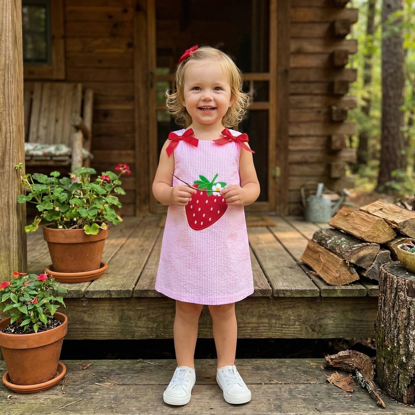 0-4Y Fashion Toddler Girls Sweet Dress Strawberry Embroidery Sleeveless Round Neck Dresses Summer Girls Sundress