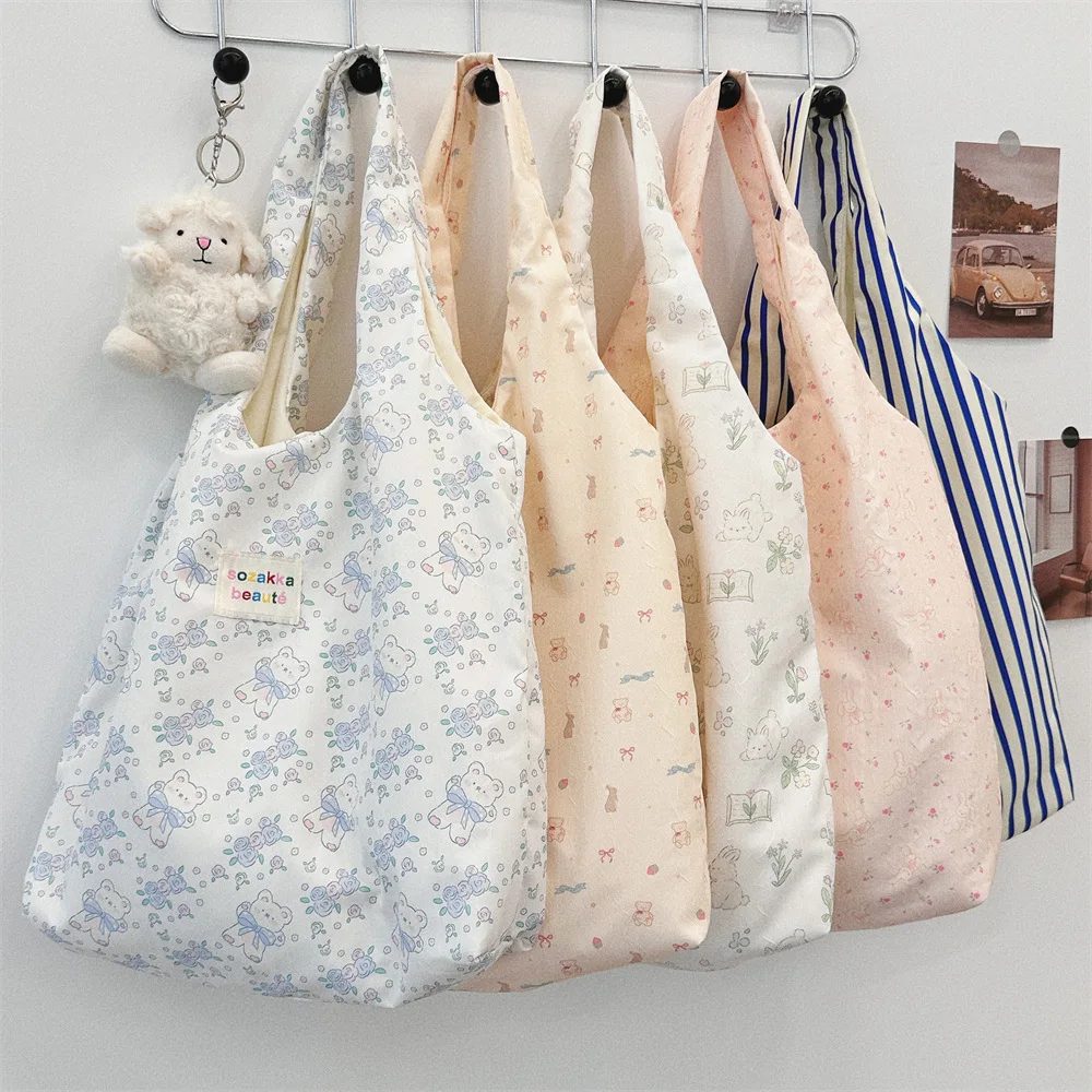 

Korean Sweet Cartoon Women Shoulder Bag Female Eco Handbag Reusable Grocery Storage Large Capacity Shopping Tote Bag