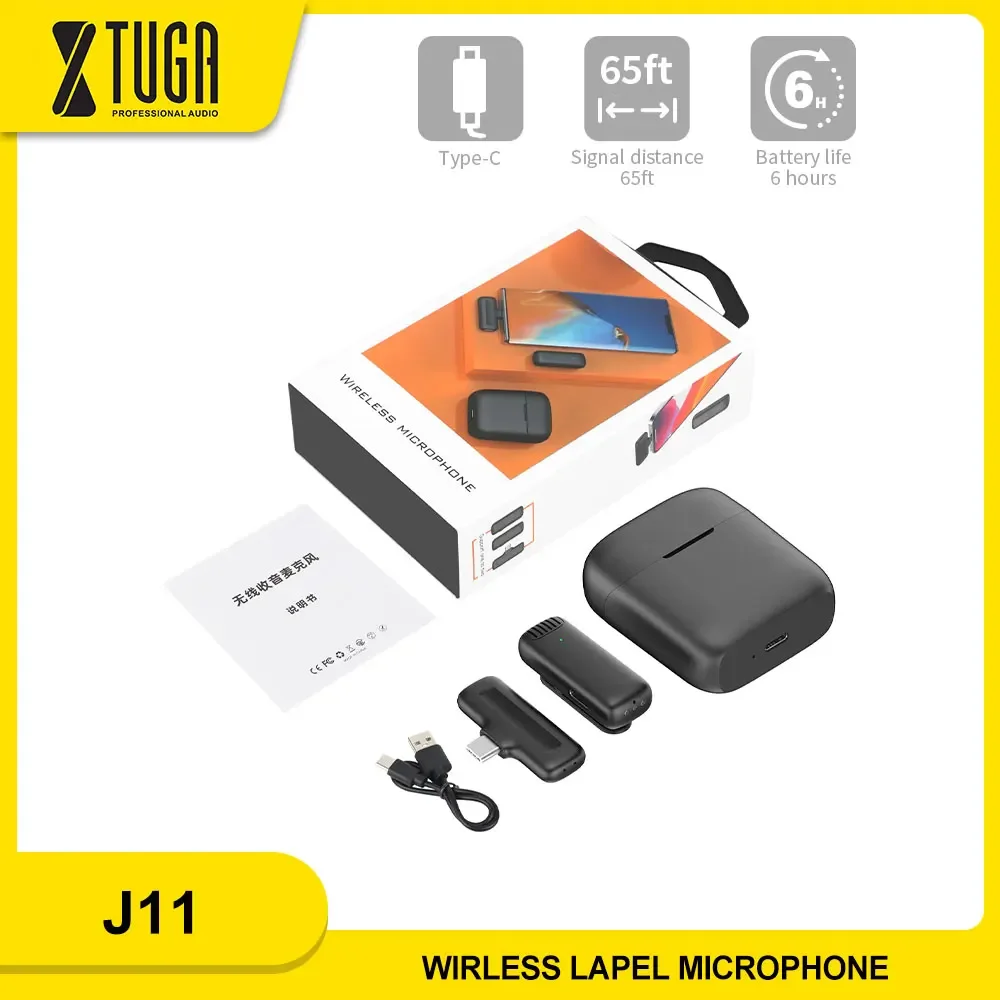 XTUGA J11 Professional Wireless Collar Video Audio Microphone Plug and Play Available Distance Of 20 Meters For iOS/Type-C