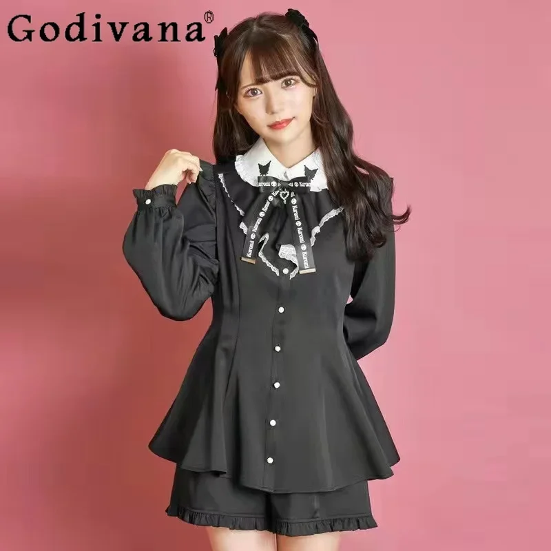 

Japanese New Rojita Women Outfits Long Sleeve Embroidered Black Ruffles Slim Bowknot Shirts Shorts Student Sweet Culottes Suit