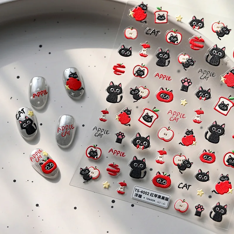 5D Embossed red apple black cat nail sticker cute cartoon ca