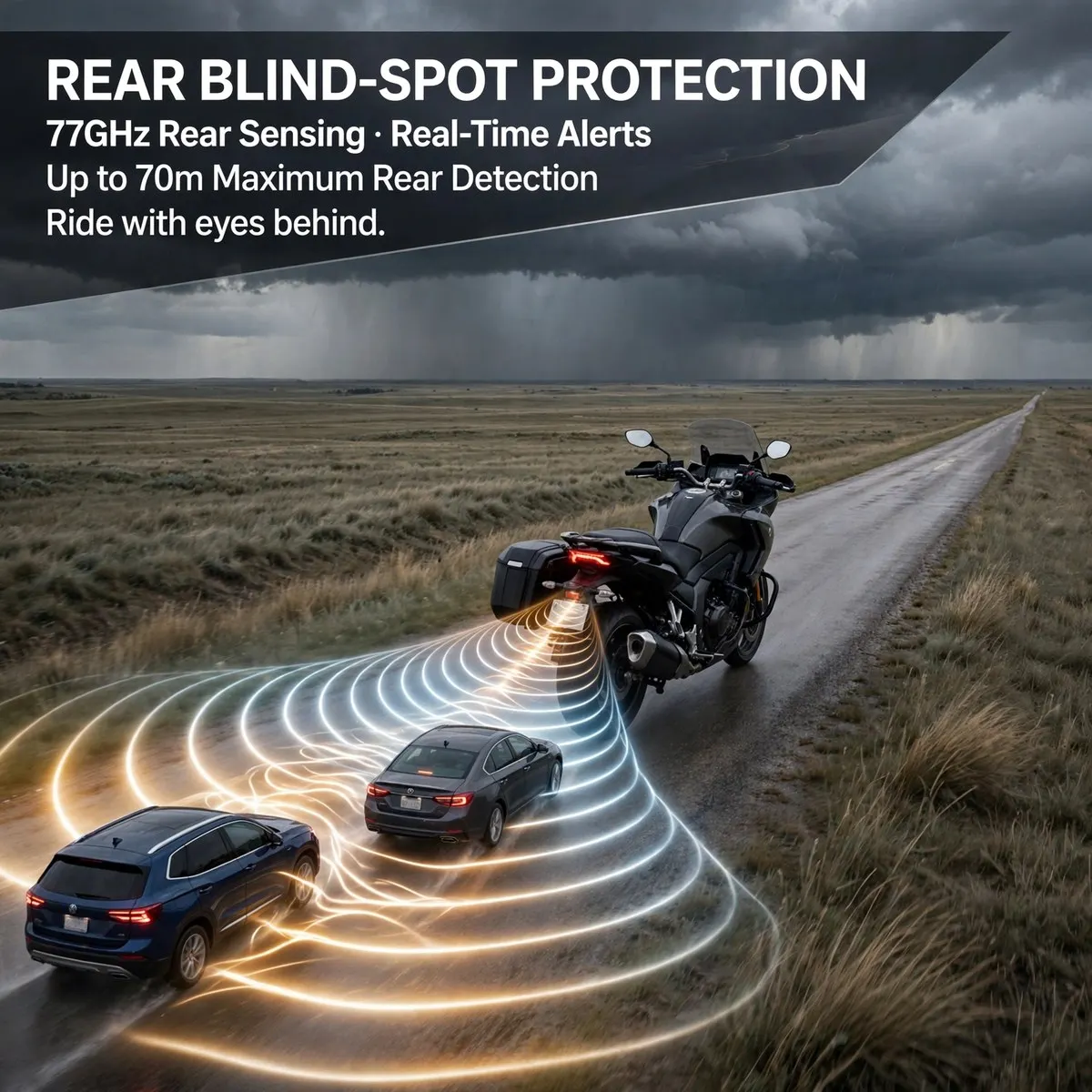 77GHz Motorcycle Blind Spot Monitoring Radar System with Dual LED Warning Indicators – Up to 70m Rear Detection, BSD 8.4m, LCA 5