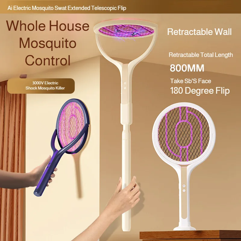 

2 in 1 Electric Mosquito Swatter USB Rechargeable Rotating Head Bug Zapper Racket Telescopic Fly Swatter with UV Light for Home