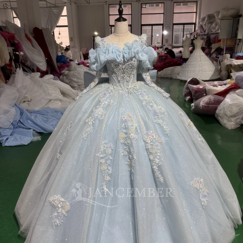 

Luxury O-Neck Crystal Wedding Dress Ball Gown Elegant Sequined Lace Bridal Dress With Bow Customized فساتين حفلات ا