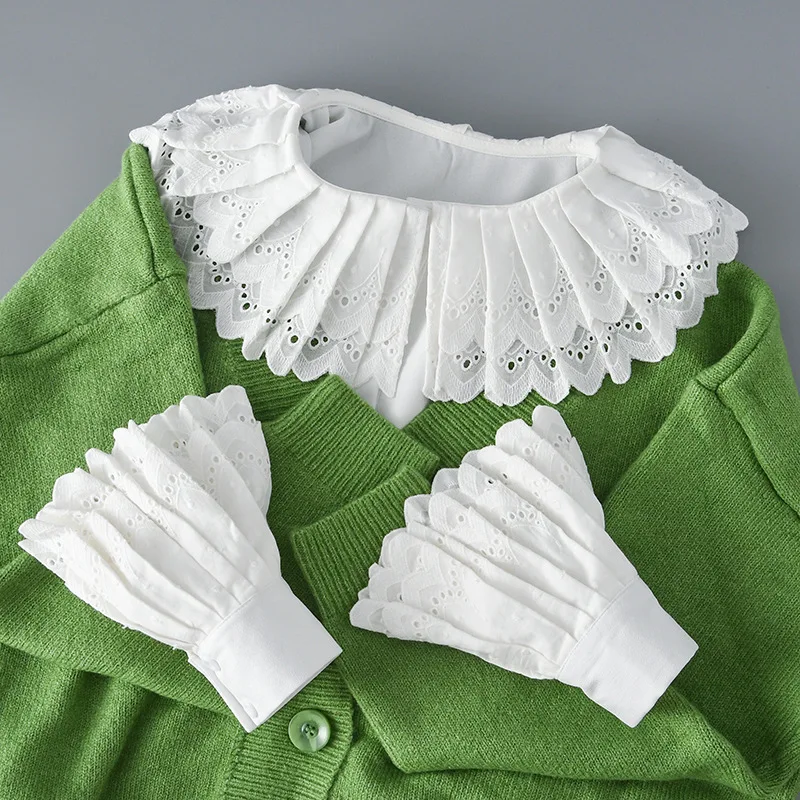 Big Lapel Crochet White Fake Collars+ Fake Cuff Sleeved for Woman Removable Shirt Collar White Detachable Collar for Girls