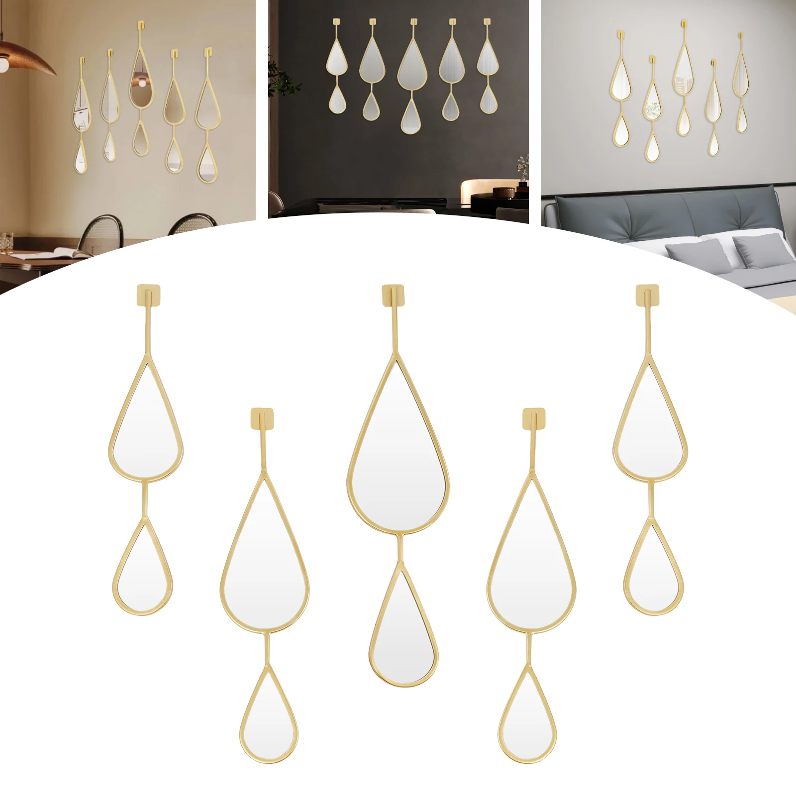 

Teardrop Mirror Set 5pcs Drop Shape with Metal Frame Wall Mounted Decor for Living Room Entryway Hallway Stairway Hanging Mantle