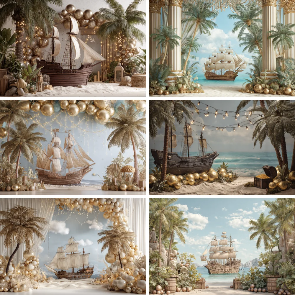 

Seaside Coconut Tree Balloon Pirate Ship Style Background Cake Smash Boy Birthday Party Decoration Photography Background