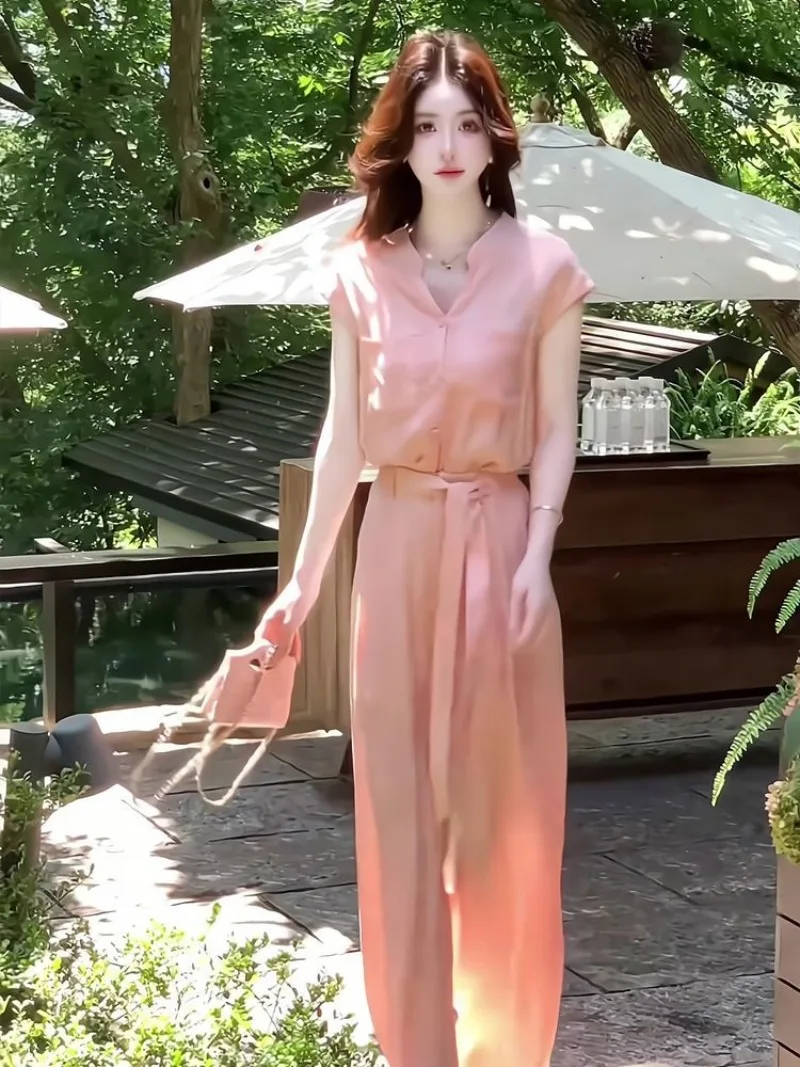 Nuevo conjunto elegante de dos piezas de verano para mujer, moda coreana, camisa de manga corta para oficina, Top + pantalones de pierna ancha de cintura, traje rosa