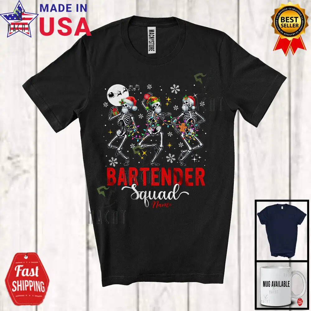 Custom Name Bartender Squad; Joyful Christmas Three Dancing Skeletons T-Shirt