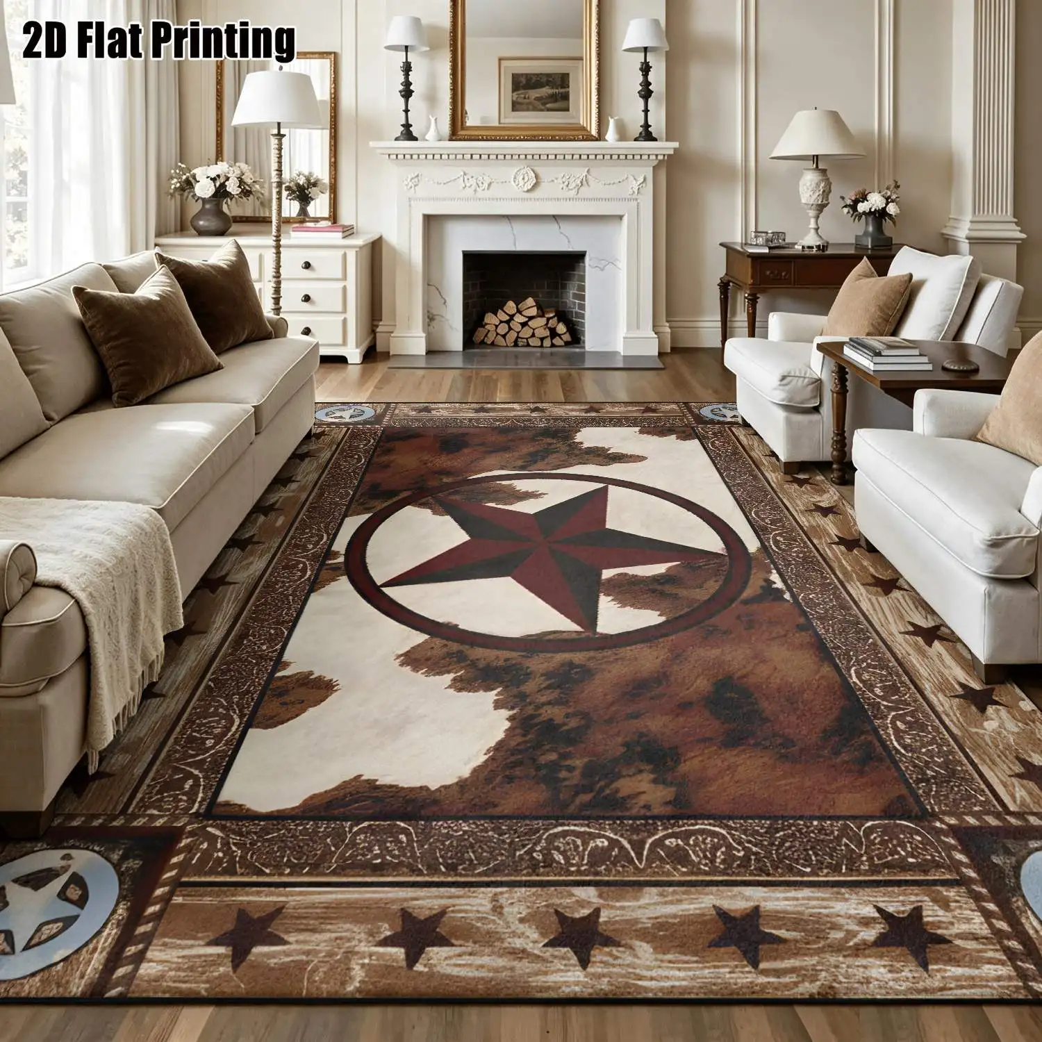 1Pc 2D Printed Retro Red-Brown Star Pattern Carpet: European/Bohemian Style Home Decor Rug, Machine Washable, Multi-Size for Entrance, Dining, Living, Bedroom