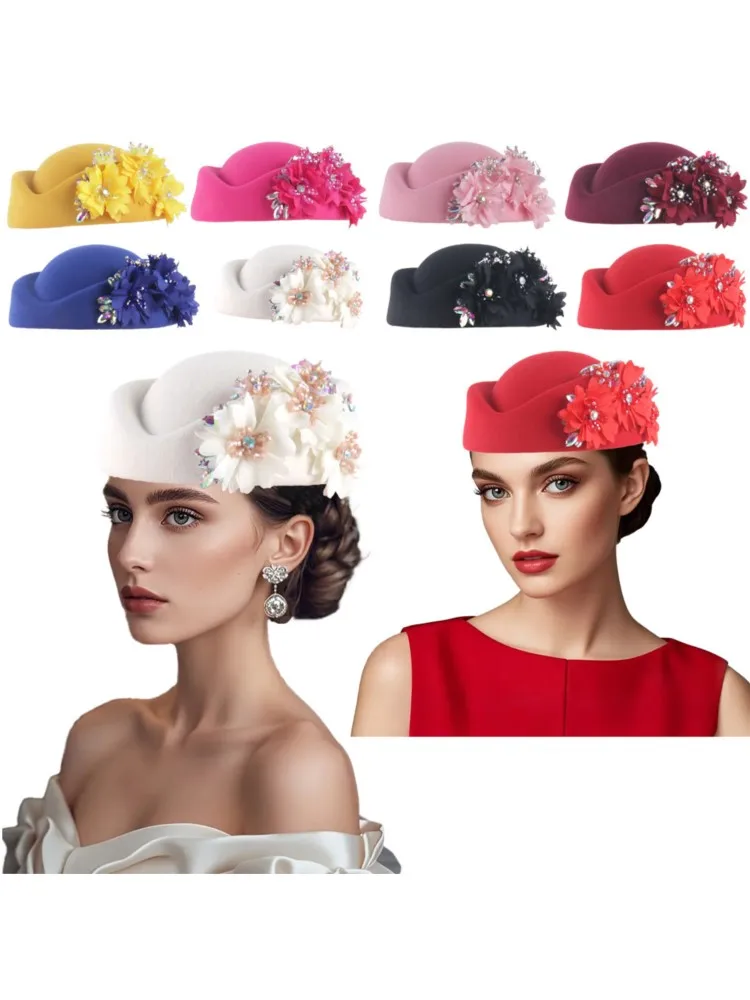 ヴィンテージフェルトターバン帽子女性のための教会ダービーファシネーター花レディースソフトベレー帽キャップパーティー航空会社のスチュワーデス帽子