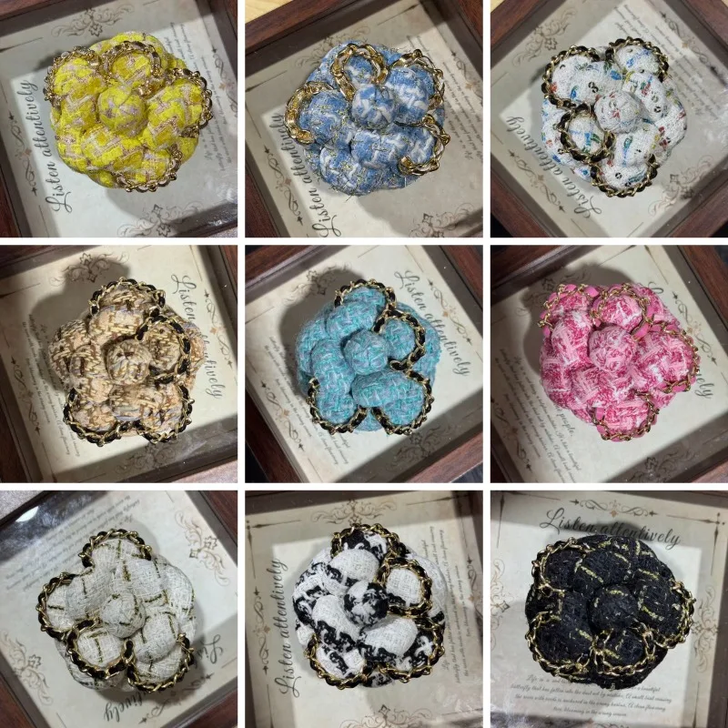High End Cloth Mountain Camellia Brooch with Chain Leather Strap 6.8cm High-end Genuine Leather Super Shaped Chest Flower Pin