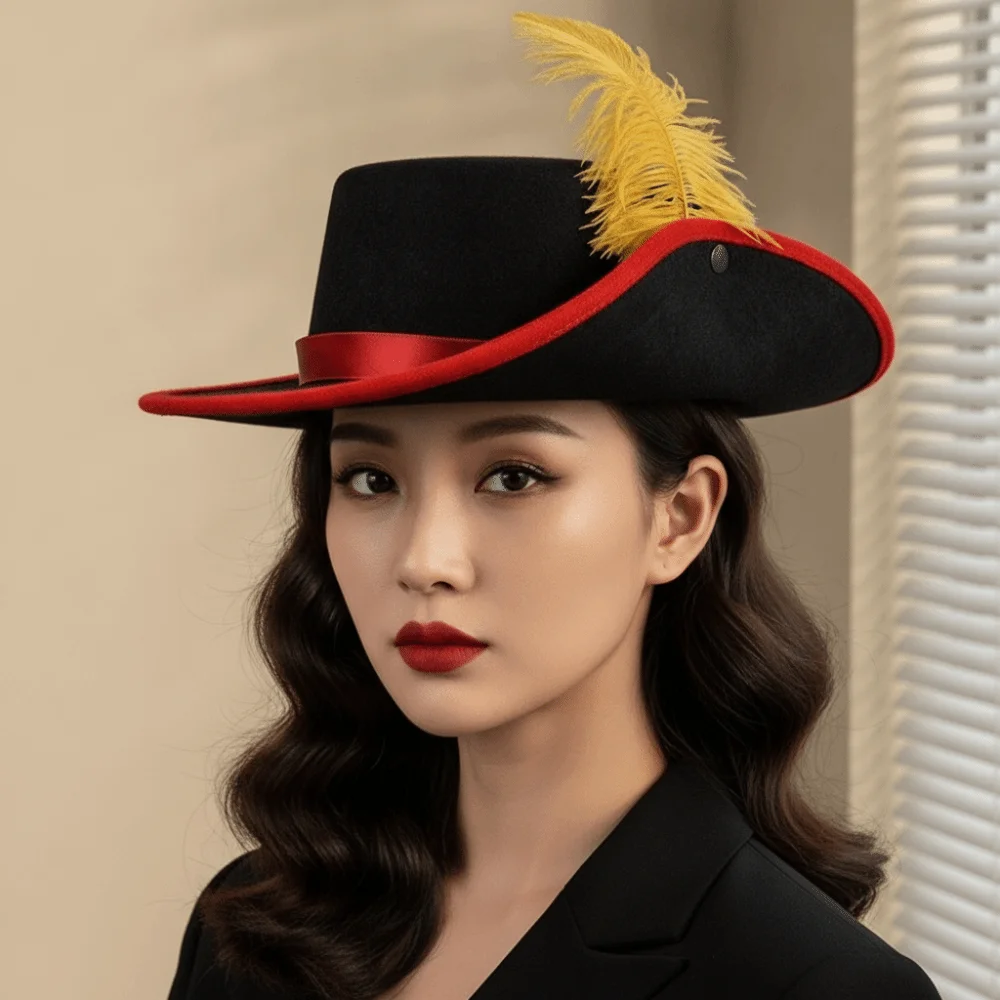 Filz-Cavalier-Zylinder mit künstlichen Federn, flacher Hutkrempe, Bühnenkappe, breiter Krempe, Retro-Stil, Maskerade-Kopfbedeckung, Requisite für Fotostudio – Detail 11