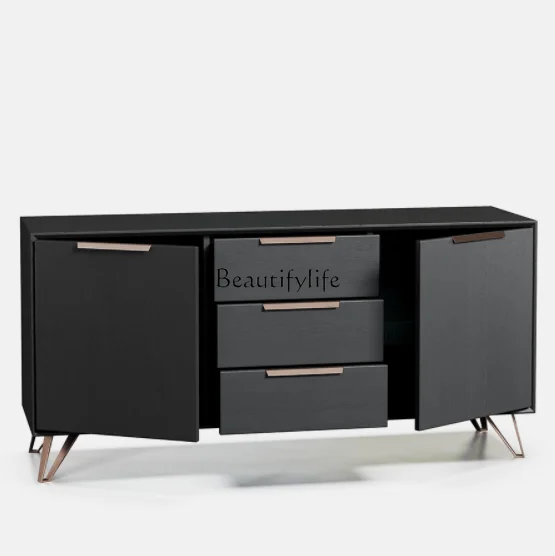 

02*Nordic light luxury Italian minimalist black walnut color pure solid wood porch side cabinet