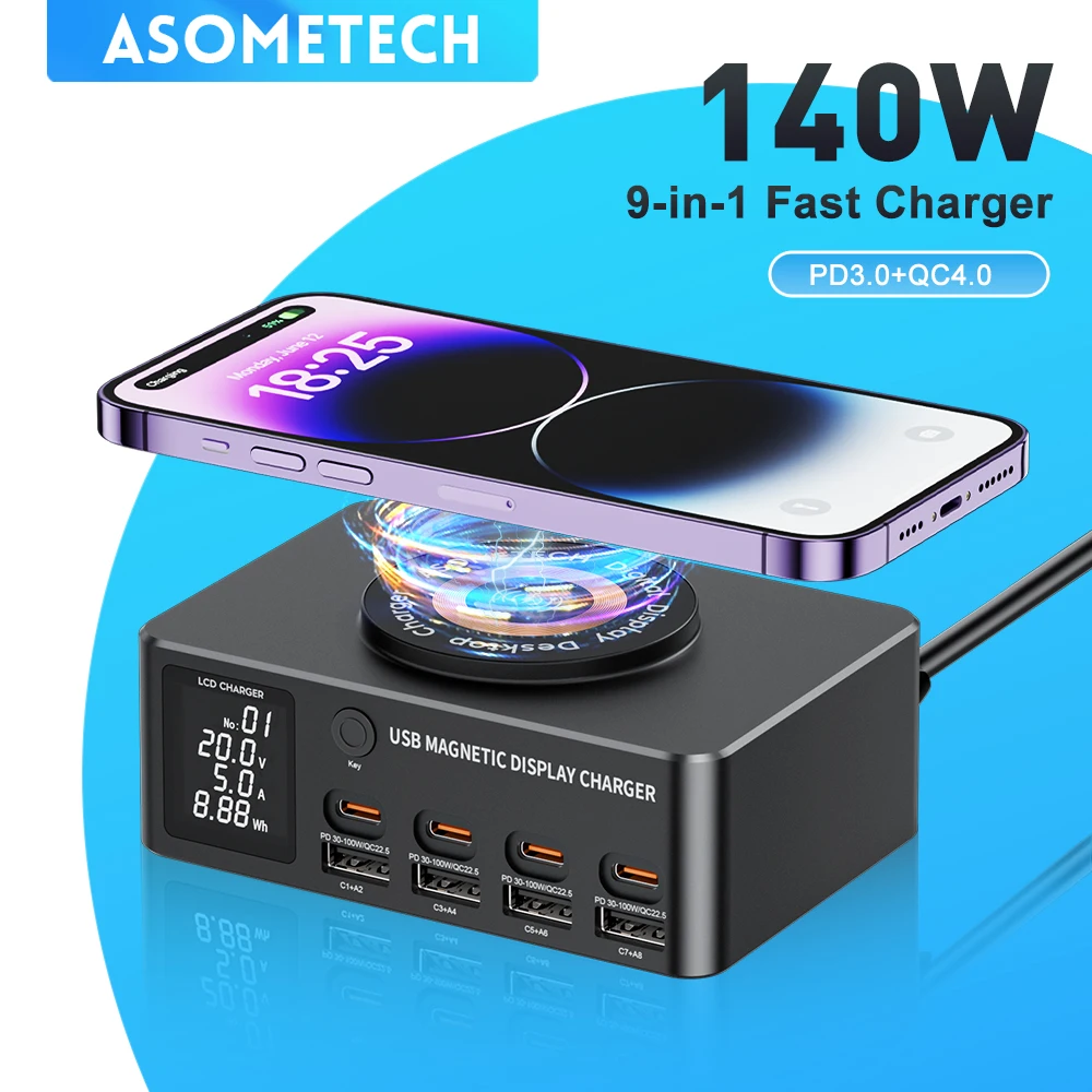 

140W Multi USB-C Fast Charging Station Wireless Charger with LED Display PD QC 3.0 Quick Charge for IPhone 14 13 Samsung Xiaomi