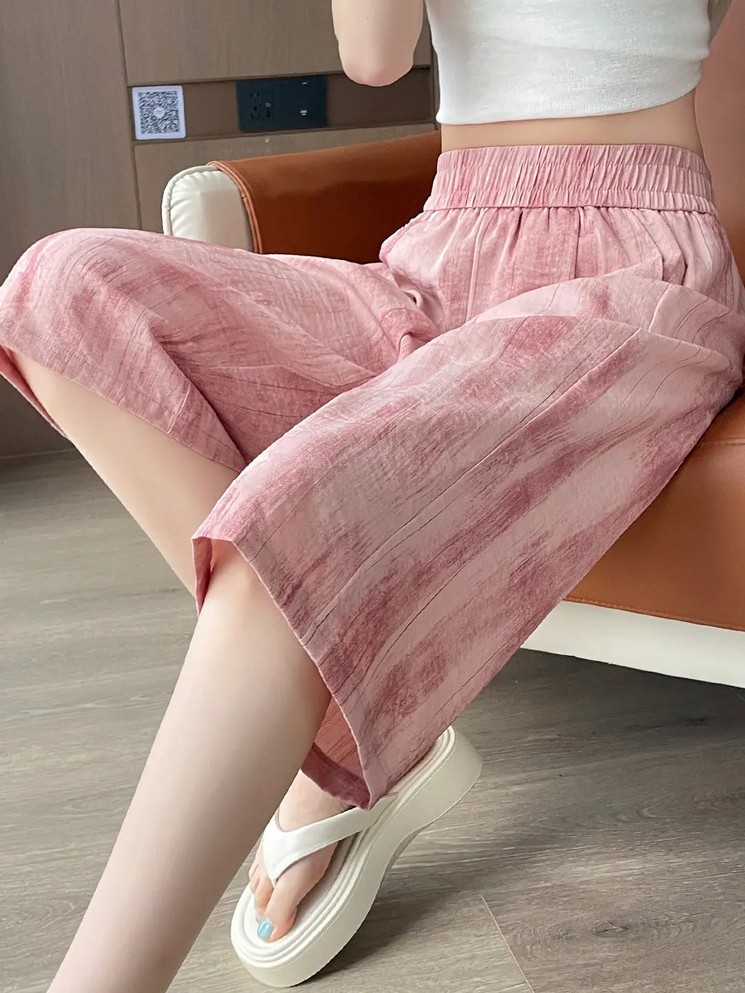 

Ice Silk Wide Leg Pants Women Summer Thin Dyed Straight Casual Seven-Five High Waist Elastic Loose Fit Cool Feeling