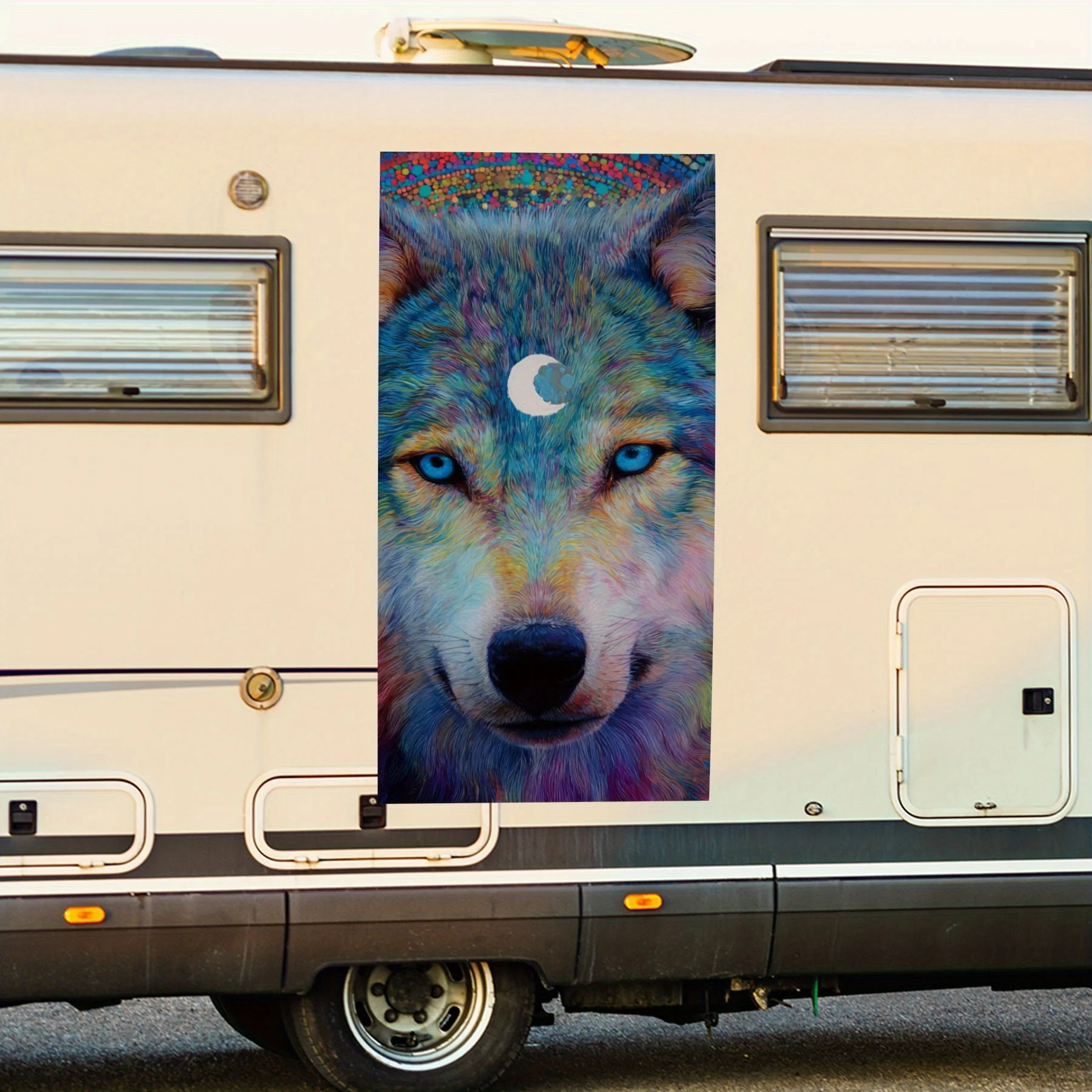 

Colorful Wolf with Moon Symbol,Waterproof Vinyl Decal for RV Side, Self - Adhesive Stickers to Decorate & Protect RV Body, Perfe