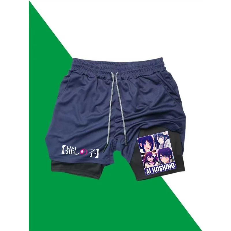 Ai Hoshino طباعة 2in1 تشغيل تجريب السراويل الرجال الصالة الرياضية أداء ضغط السراويل مع جيب للهاتف منشفة رياضية أكتيفيوير #4
