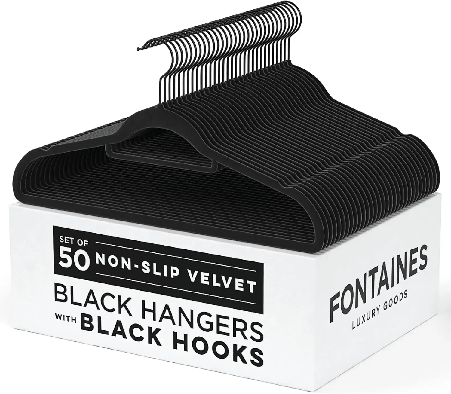 Fontaines Luxury Black Velvet Felt Non Slip Clothes Hangers 50 Pack - Ultra Slim & Space Saving - Heavy Duty Swivel Black Hook