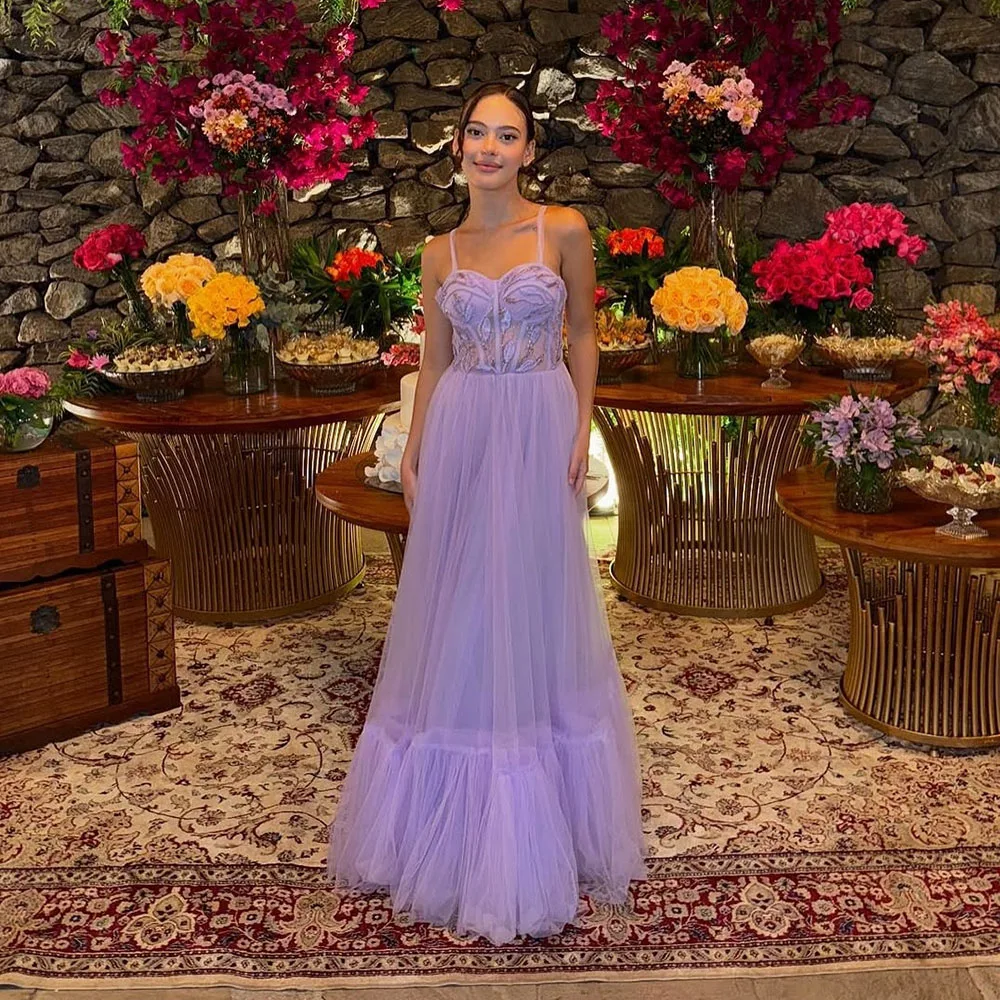 

Msikoods 2025 Lavender Tulle Evening Dress Spaghetti Strap Corset Beads A Line Long Prom Dress Birthday Party Gown Customized