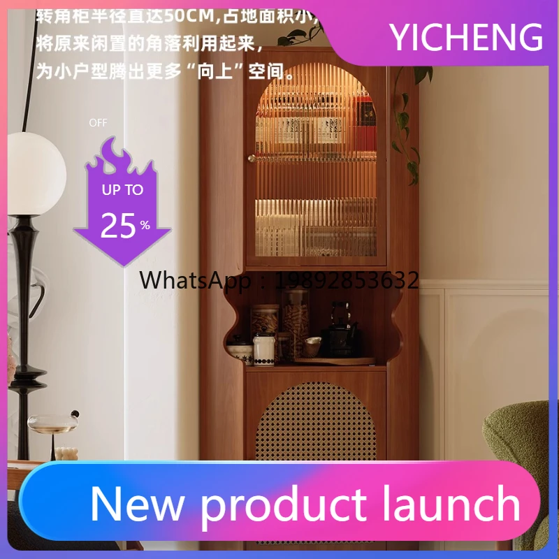 A29 retro solid wood triangle living room integrated dining side cabinet rattan corner cabinet