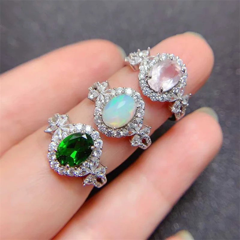

925 Sterling Silver Natural Opal Chrome Diopside Rose Quartz Wedding Ring for Women Fashion Jewelry Gift with Certificate