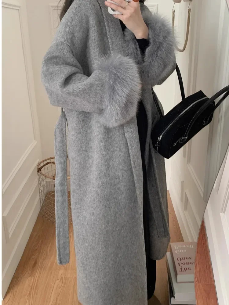 Two Sided Spliced Cashmere Coat For Women turn down collar Long Sleeves Solid Color Coats Winter 2025 New