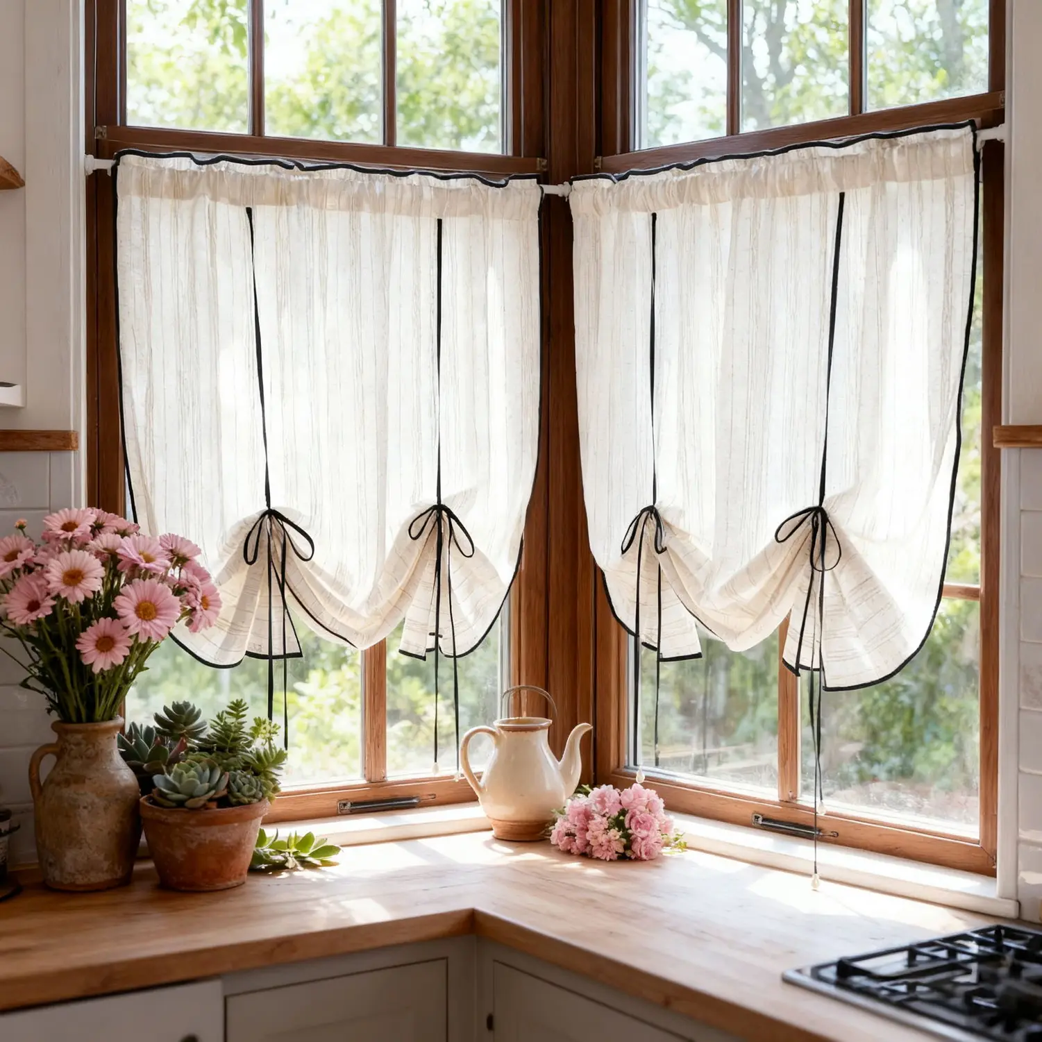 Französischer Landhausstil, schwarzer Kordelzug, halb römischer Vorhang, transparentes Material, Fenstervorhänge, Bildschirm für Küche, Wohnzimmer, Dekoration