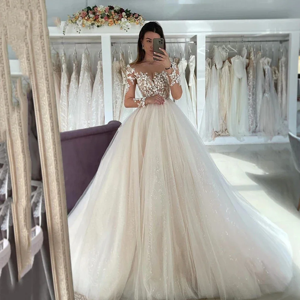 

Light Champagne Lace Luxuriant Wedding Dresses Long Sleeve Shiny Glitter Bride Deep V-Neck Gowns 2023 Vestido De Noiva Robe плат