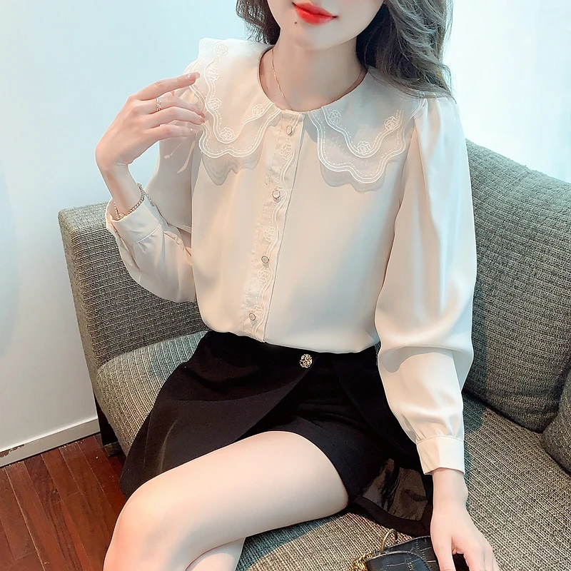 

Korean Style Sweet Peter-Pan Neck Button Chiffon Shirts Women Long Sleeve Beige Blouses Korean School Style Fashion Top Clothes
