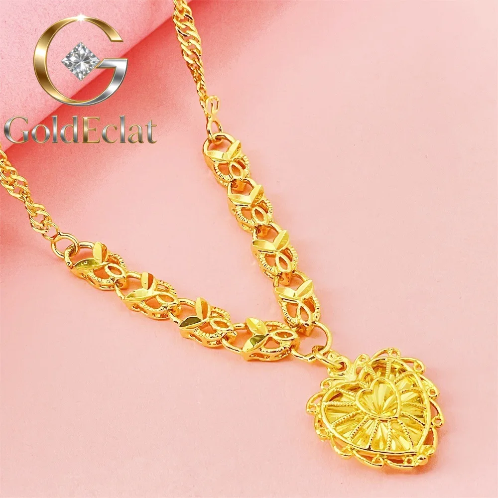

GoldEclat Luxury 24K 9999 Pure Gold real gold Women's hollow heart love necklace