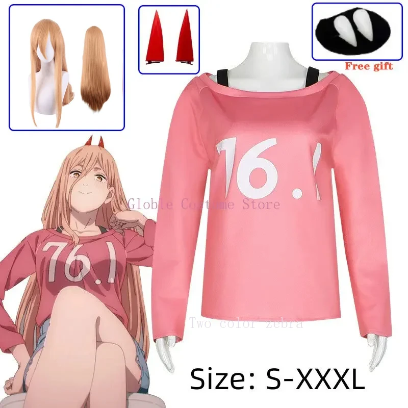 Anime Chainsaw Man Power Wig Cosplay Costume Makima Power Wigs Props Horns Teeth Power T-Shirt