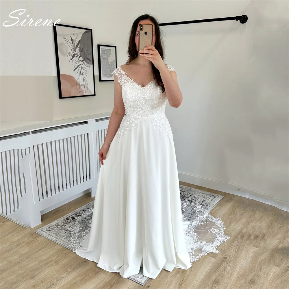 Robe de mariée en fibre de dentelle personnalisée pour femmes, appliques avec bouton, robe de mariée simple, train de balayage, 2025