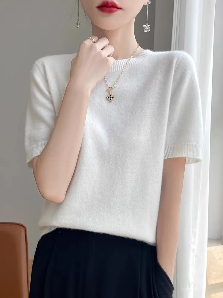 Solto ajuste redondo ne ort sve malhas feminino fino verão camiseta casual sle lã mistura interior wear topo