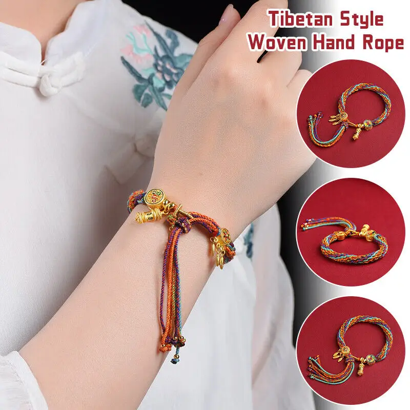 

1pc Handmade Tibetan Bracelet Woven Hand Rope Chinese Ethnic Style Bracelet Stainless Steel Glass Locket Prayer Cylinder DIY
