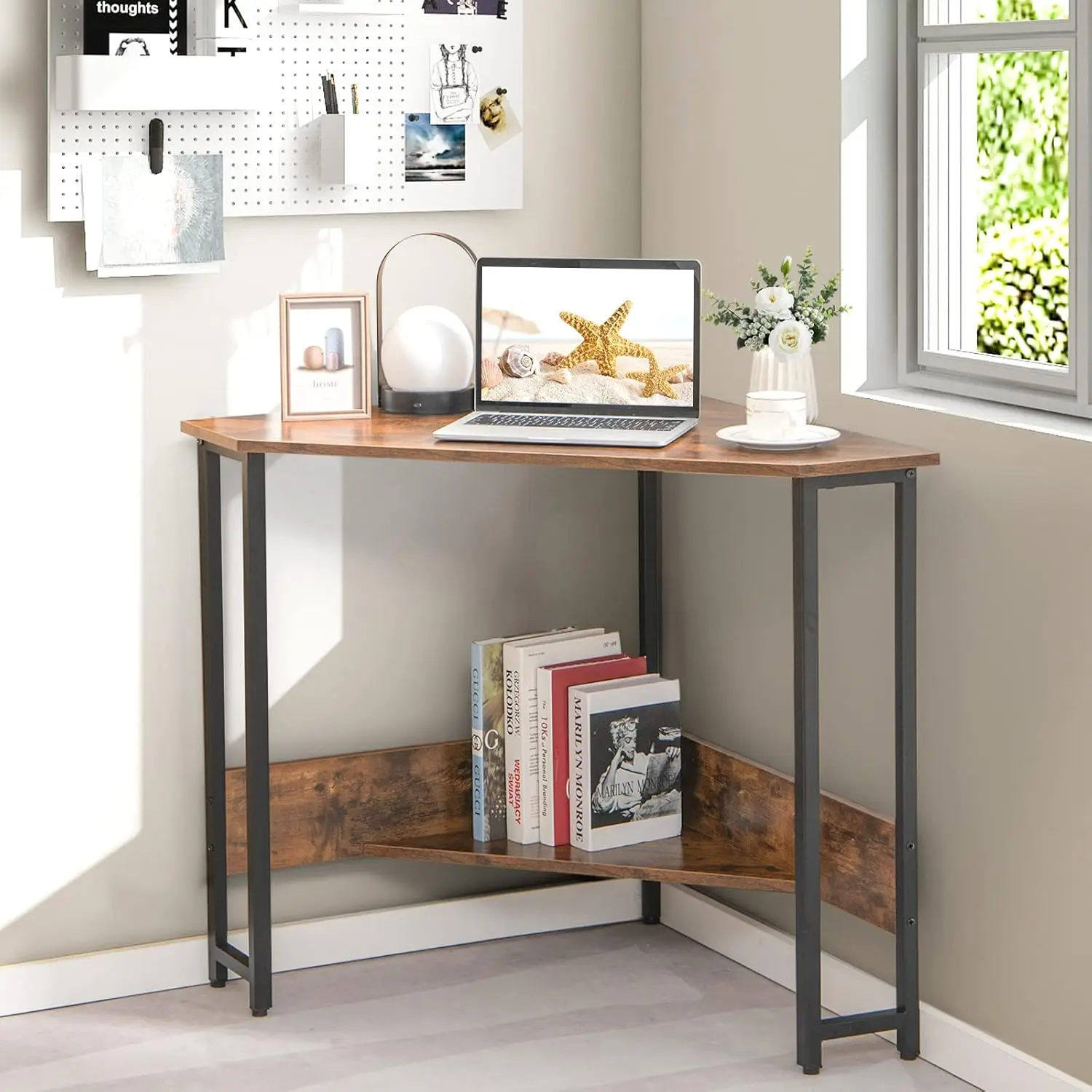 Space-Saving Rustic Brown TRIANGLE Design Corner Desk with Power Outlet & USB Ports Home Office Furniture