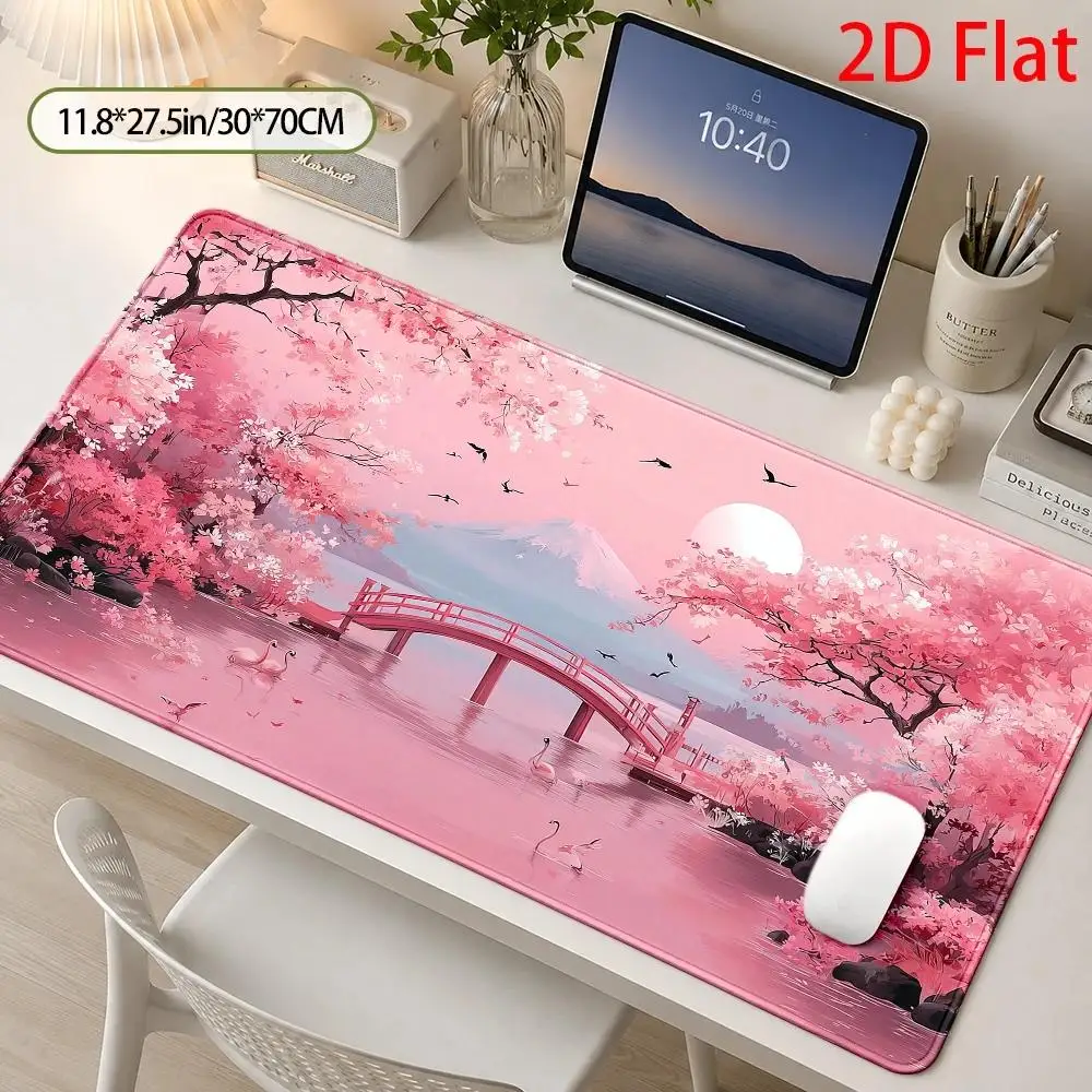 Two-dimensional plane Japanese cherry blossom landscape large mouse pad, with a serene pink bridge theme, minimalist artistic