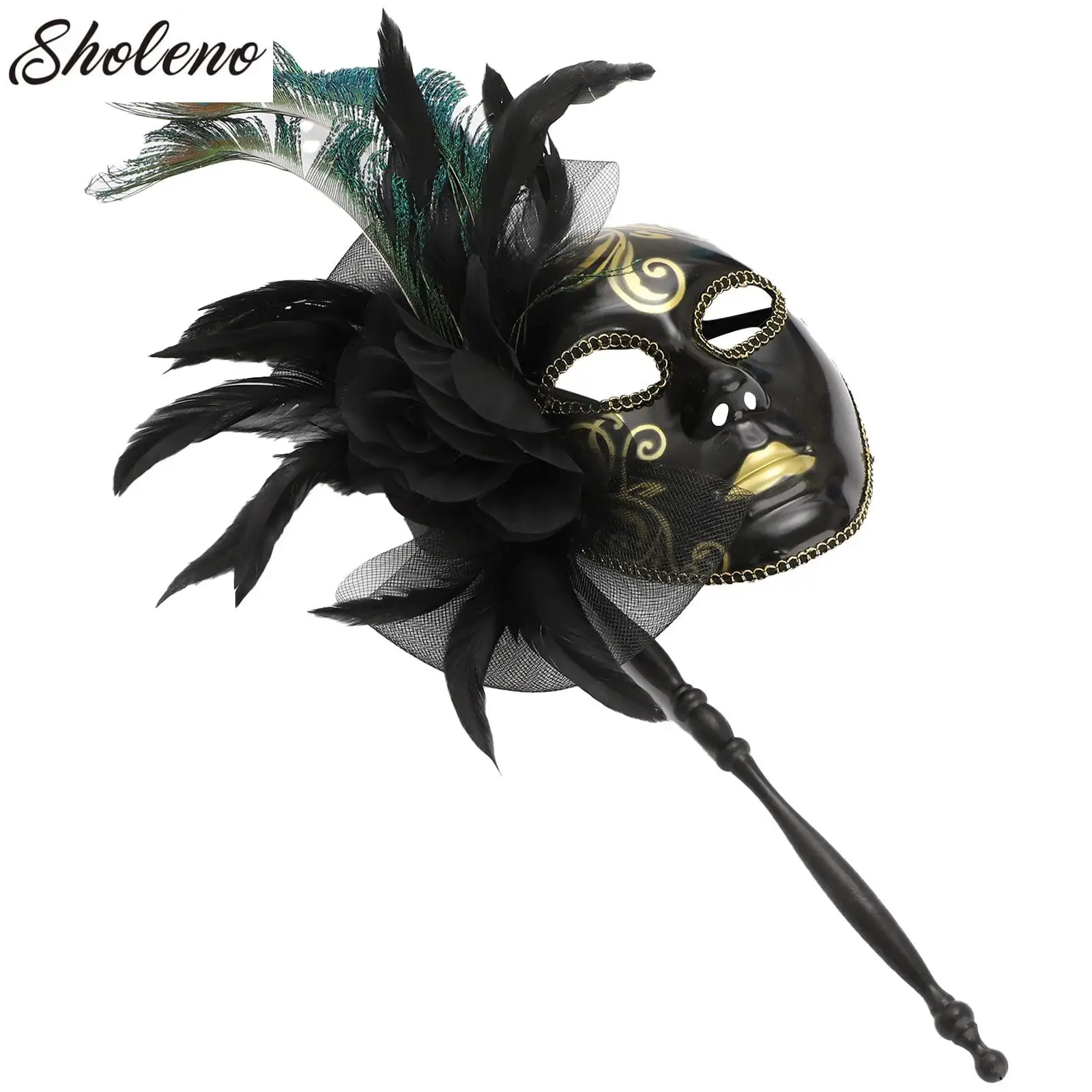 

Mardi Gras Mask Feather Mesh Fake Flower Self-tied Daily Venice Mask with Plastic Stick Costume Accessory for Masquerade Party