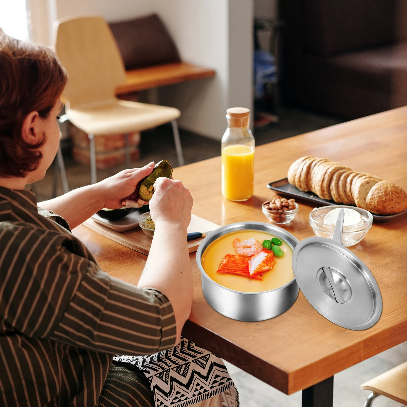 1pc Steamed Egg Stainless Steel Bowl Portable Ramen Bowl For Home Kitchen Camping Easy Clean Multi-Functional Household