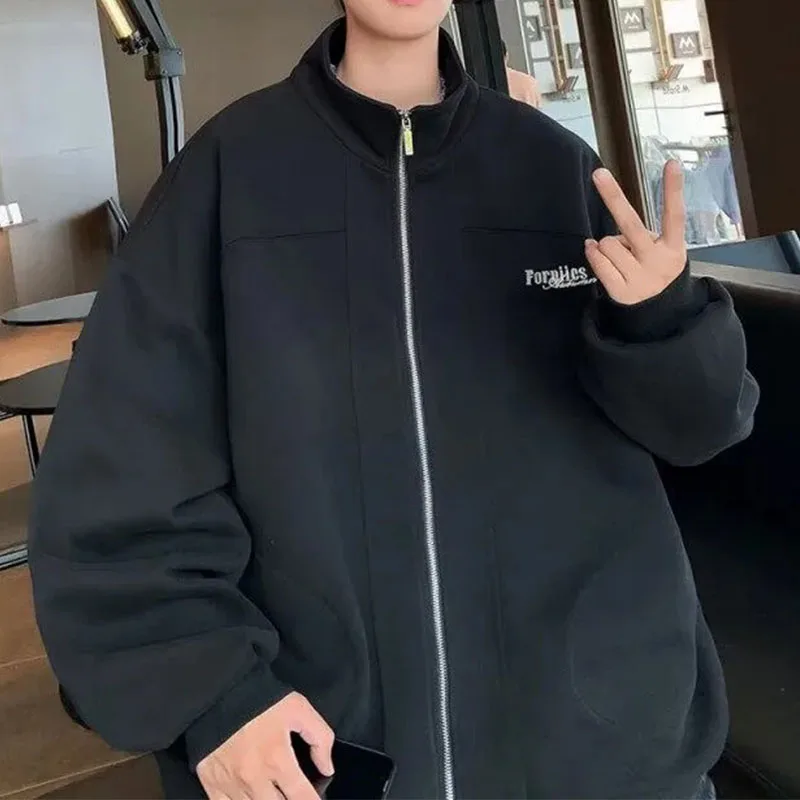 

Американский однотонный кардиган с воротником-стойкой и вышивкой, толстовка для мужчин, весна-осень, свободное спортивное пальто, куртка, топ