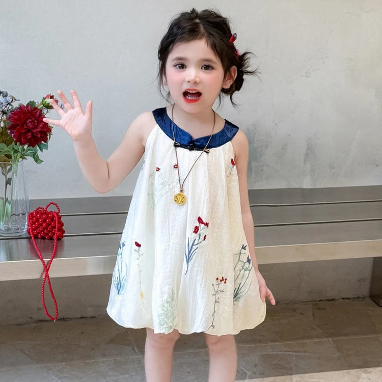 Girls Dress 2026 Spring and Summer New Children's Clothes Girls Baby New Chinese Sweet Plate Button Embroidered Dress