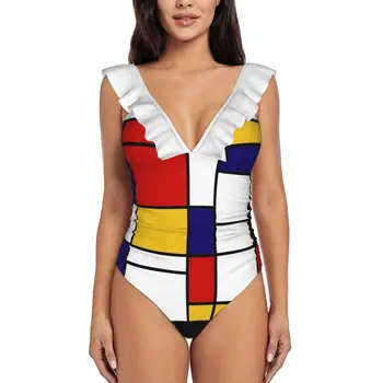 드 스타일 #2 (몬드리안 영감받은) 원피스 수영복, 고품질 수영복 프린트 푸시업 모노키니 여름 수영복 