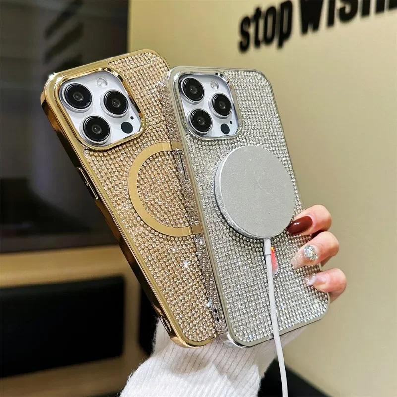 Luxury Diamond Magsafe Case for iPhone 15 16 Pro Max Plus Bling Shinny Electroplate Magnetic Cover for iPone 11 12 13 14 Pro Max