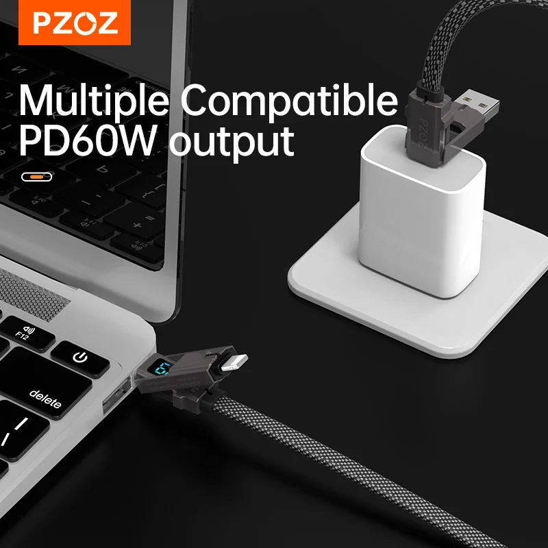 PZOZ 4 in 1 140W PD USB C Cable Digital Display Fast Charging For iPhone 15 14 13 Pro Max MacBook iPad USB Type C Cord Charger