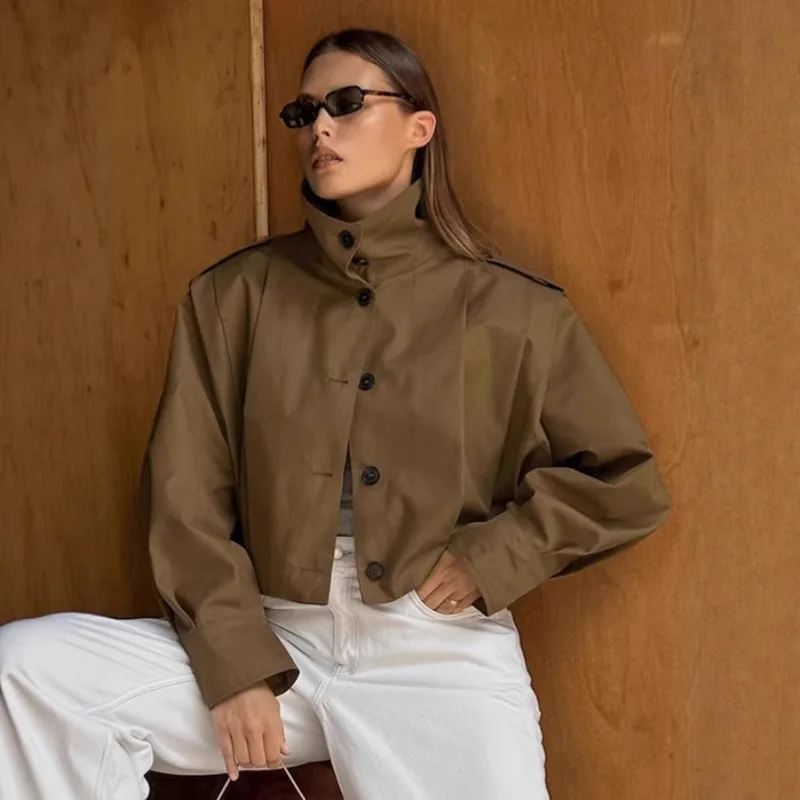 Talenza Women Jackets Brown Pleated Jacket Spring Autumn 2025 Cropped Bomber Button Long Sleeve Coats Outerwears Aviator Jackets