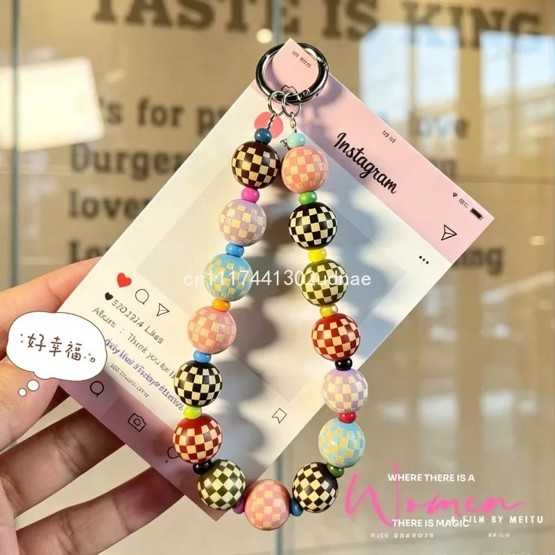 Original Wooden Plaid Beaded Phone Chain, Phone Charm, Bag Keychain Fashion Accessory - view 3