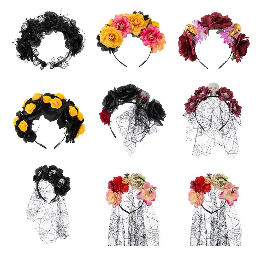 Day of The Dead Halloween Rose Flower Headband Black Veil Wedding Mexican Rose Flower Crown Headband Costume Cosplay Party