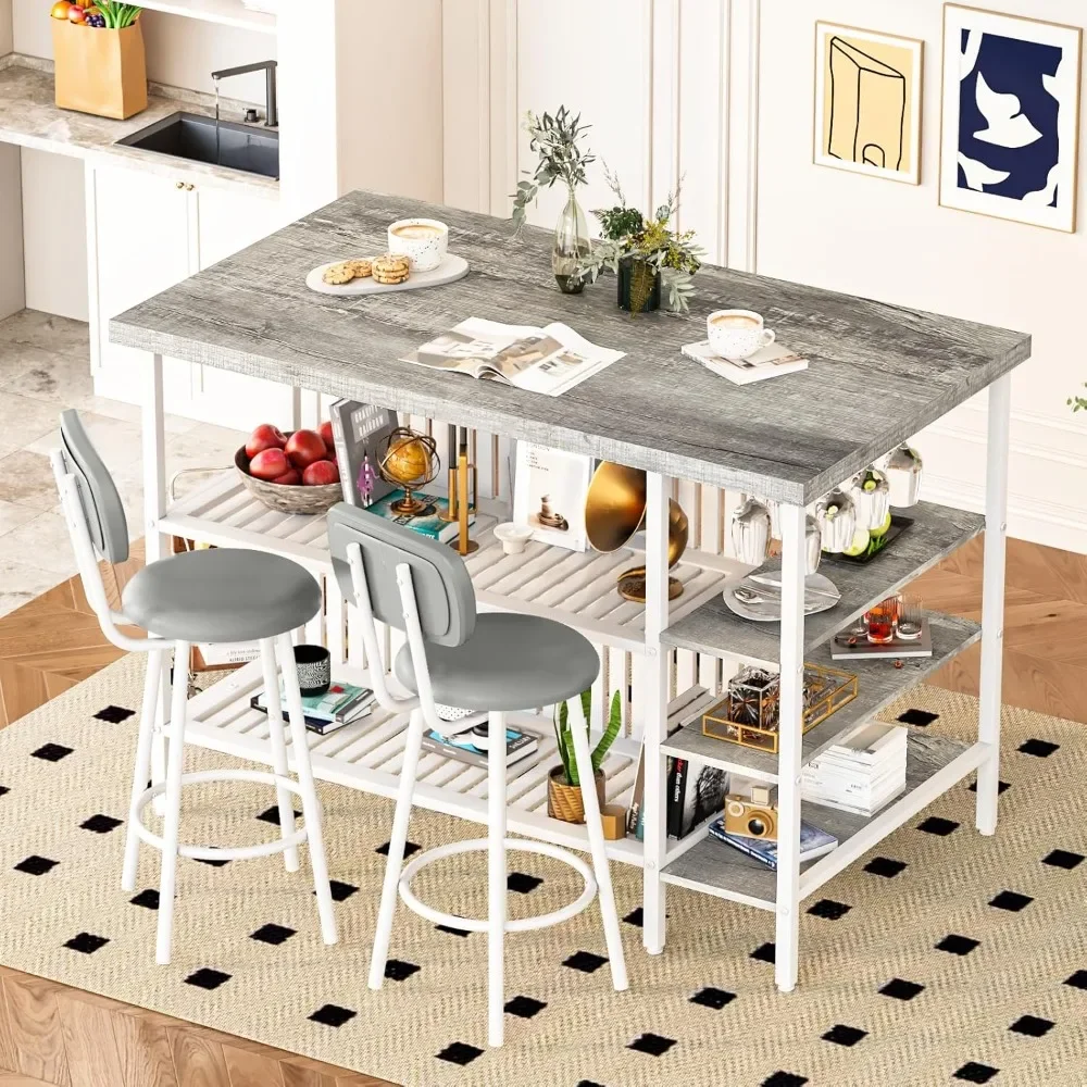 Kitchen Island with Storage Dining Table for , Bistro Table and Chairs Set of  W/ Shelves Faux Marble Kitchen Table with Stools